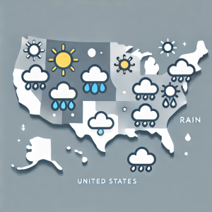 The image is a weather map of the United States in a minimalist style with a gray background. It features various weather icons, including suns, clouds, and rain, distributed across different regions of the map. The icons are in white, yellow, and blue, creating a simple visual representation of weather patterns. Despite the user's request, the map includes text labels such as "United States" and "Rain," which detract slightly from its intended minimalist appearance.