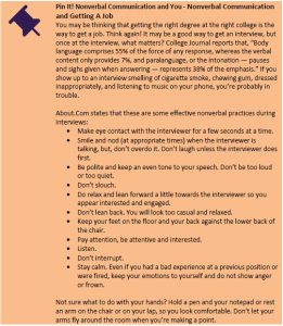 An educational slide titled "Pin It! Nonverbal Communication and You - Nonverbal Communication and Getting A Job" discusses the importance of body language in job interviews. The text explains that nonverbal communication, including body language (55%), intonation (38%), and verbal content (7%), plays a critical role in interview success. It warns against poor nonverbal habits such as chewing gum, dressing inappropriately, or appearing disengaged. The slide lists effective nonverbal practices for interviews, such as maintaining eye contact, nodding appropriately, sitting with good posture, leaning slightly forward to show engagement, keeping feet on the floor, and staying calm. A final note provides guidance on hand placement, suggesting holding a pen or resting hands on the lap to avoid distracting movements. The slide features a pushpin icon in the top left corner, resembling a pinned note.