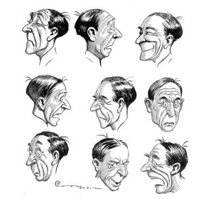 A black-and-white ink drawing features nine caricature-style sketches of a man's face, each depicting a different exaggerated facial expression. The artwork, reminiscent of 1920s comic illustration, showcases a variety of emotions, including surprise, anger, joy, sadness, and laughter. Each face is highly detailed, emphasizing exaggerated wrinkles, furrowed brows, and dynamic mouth positions. The sketches are arranged in a grid format, capturing different angles, including profile, three-quarter, and frontal views. The illustration likely serves as a study in expressive character design, demonstrating a comic artist’s practice in conveying emotion through facial features.