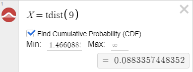 t-distribution area to the right of t=1.4660884 on DESMOS Calculator