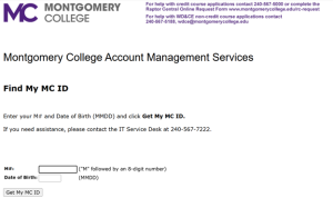 A login page for Montgomery College’s MyMC portal features fields for email recovery information