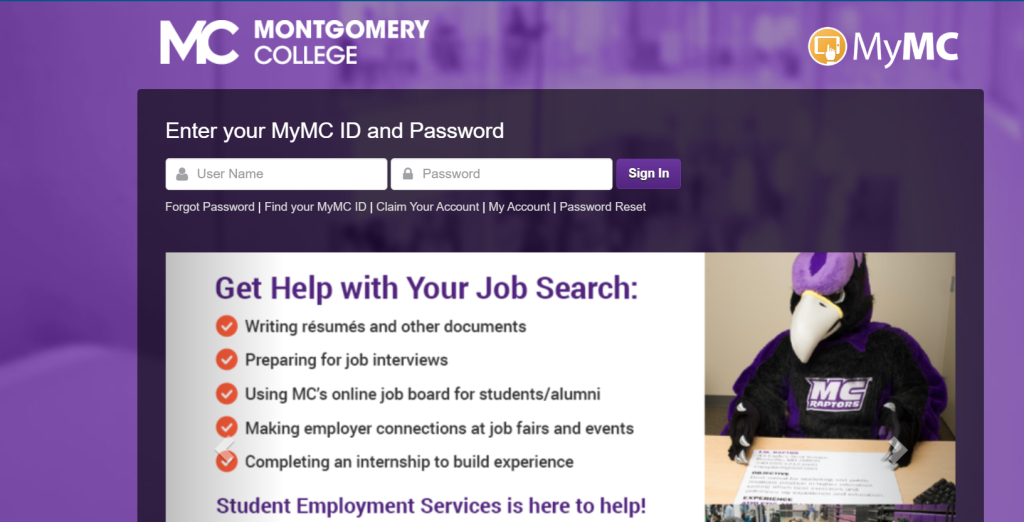 A login page for Montgomery College’s MyMC portal features fields for entering a MyMC ID and password, along with links for account recovery and support.