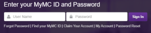 A login page for Montgomery College’s MyMC portal features fields for entering a MyMC ID and password