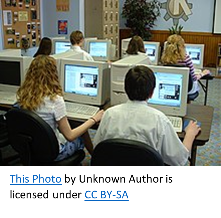 Students sit at individual computer workstations in a classroom or computer lab, each focused on a monitor.