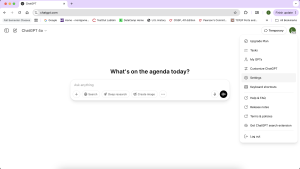 ChatGPT step 1 to enhance privacy. Going to "Settings."