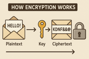 Encryption Process. First the data is in Plaintext format, then an encryption key is used to cypher the text, and lastly the data is completly encrypted needing a decryption key to view the content.