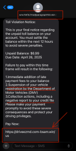 Example of an SMS sent to scam an user. This is designed to direct users to a different website that would put their personal information at risk.