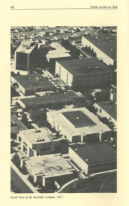 Black and white aerial photograph of Montgomery College’s Rockville Campus taken in 1977. The image shows several academic and administrative buildings, surrounding roads, parked cars, and landscaped areas.
