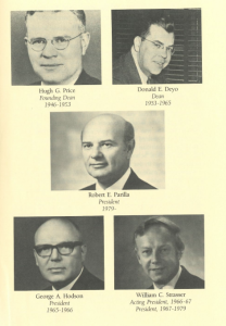 A page with five black-and-white portraits of Montgomery College leaders, arranged in a grid. Top row: Hugh G. Price, Founding Dean (1946–1953); Donald E. Deyo, Dean (1953–1965). Middle: Robert E. Parilla, President (1979–). Bottom row: George A. Hodson, President (1965–1966); William C. Strasser, Acting President (1966–1967), President (1967–1979).