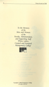 Memorial dedication page with centered text in serif font. The text honors the faculty, administration, and staff who helped create and support Montgomery College. A small black-and-white Montgomery College logo appears in the middle. Footer includes the copyright: “© 1986 Montgomery College. All rights reserved.”