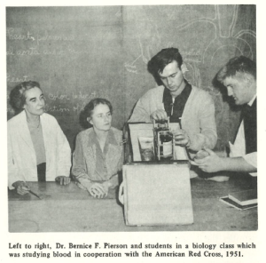 Black-and-white photo showing Dr. Bernice F. Pierson and three students at a lab table during a 1951 biology class at Montgomery Junior College. The students are studying blood, with one male student operating equipment while the others observe. Behind them is a chalkboard with anatomical terms written in cursive.