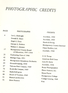 A table listing photographic credits from a publication. Columns include Page, Photographs, and Credits. Notable entries include portraits of faculty and administrators (page 6), Montgomery County Board of Education (page 17), graduating class of 1948 (page 25), biology class from 1951 (page 42), and various campus events through 1969. Credits include Accolade (1958–1959), Harris & Ewing, American Red Cross, Leon B. Davis, Rojay Photographers, Montgomery College, and others.