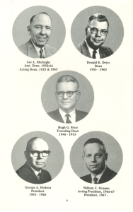 Black-and-white composite image showing five portrait photos of Montgomery College leaders from the 1940s to the 1960s, including Lee L. Ehrbright, Donald E. Deyo, Hugh G. Price, George A. Hodson, and William C. Strasser. Each is labeled with name and title.