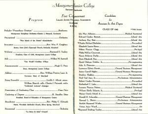 Scanned image of the 1948 Montgomery Junior College commencement program. The left side lists the evening’s schedule, including musical performances and speeches. The right side lists the names of the first graduates, their degree programs, and honors received, including fields like Liberal Arts, Pre-medical, Pre-legal, and Business Management.