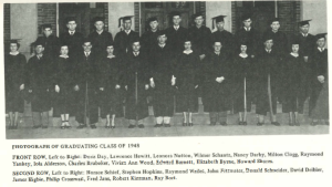 Black-and-white photo of Montgomery Junior College’s 1948 graduating class. Two rows of students in caps and gowns pose in front of a brick building. The front row includes Doris Day, Lawrence Hewitt, Leonora Notton, Wilmer Schantz, Nancy Darby, Milton Clogg, Raymond Yaukey, Iola Alderson, Charles Brubaker, Vivian Ann Wood, Edward Barnett, Elizabeth Byrne, and Howard Shores. The second row includes Horace Schief, Stephen Hopkins, Raymond Wailes, John Fitzwater, Donald Schneider, David Deibler, James Higbie, Philip Crosswait, Fred Jans, Robert Kinsman, and Ray Bort.