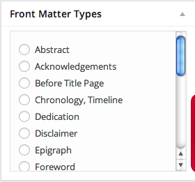 Front matter menu in Pressbooks