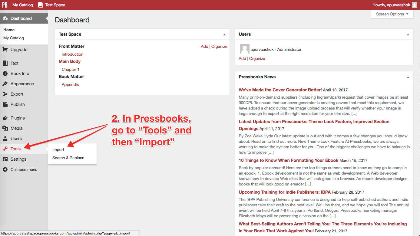 Step 2. Go to the Import Tool in Pressbooks
