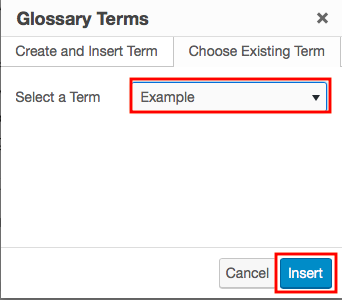 Term chosen on the "Choose Existing Term" tab of the "Glossary Terms" interface.