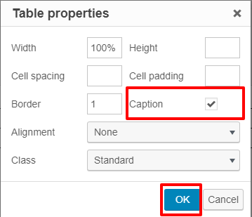 Table properties window with caption property highlighted