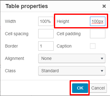 The height property in the table properties window